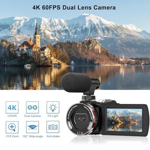 4K 60FPS Dual Lens Camcorder with Accessories