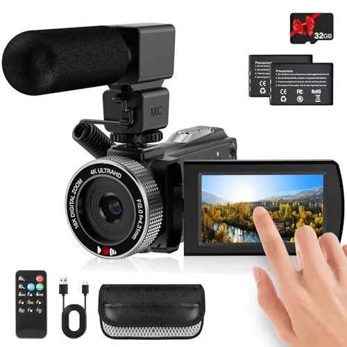 Rawiemy 4K Video Camera Camcorder With Microphone And 32GB SD Card
