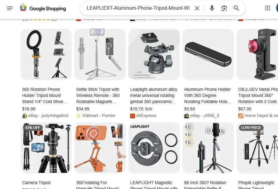 A Collection of Phone and Camera Tripod Mounts on Google Shopping