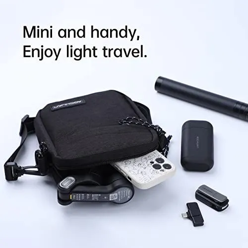 A compact black travel bag with portable tech accessories