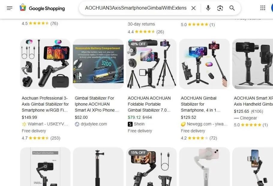 A Comparison of AOCHUAN Smartphone Gimbal Stabilizers on Google Shopping