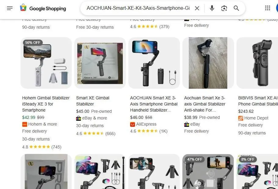 A display of search results for smartphone gimbal stabilizers