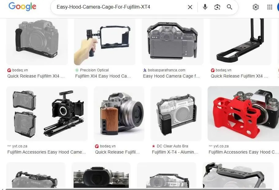 A Google Image search for Fujifilm XT4 camera cages and accessories