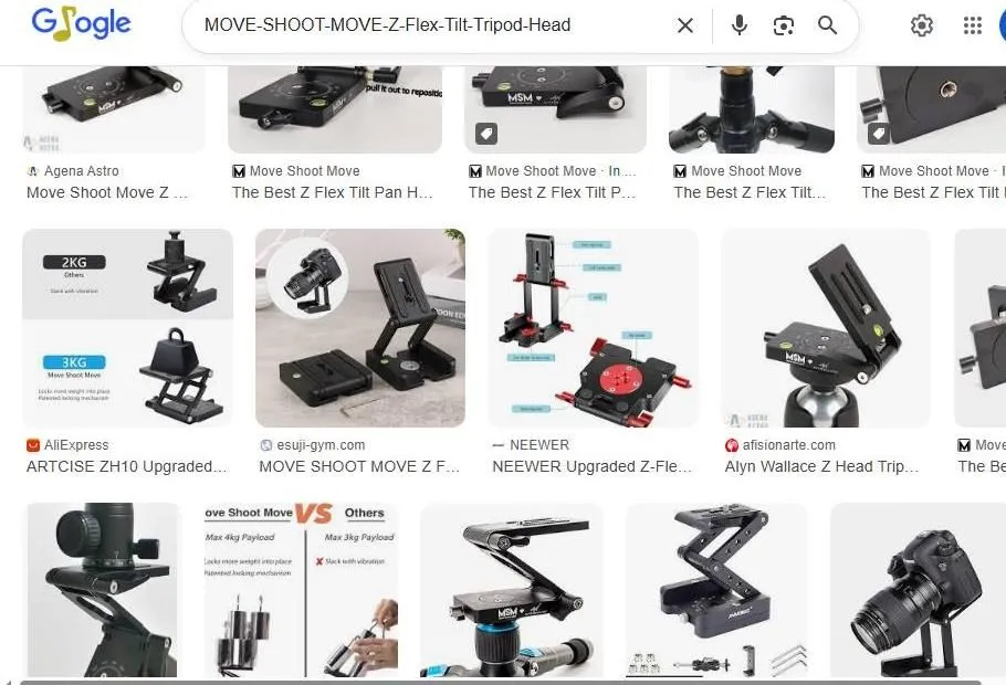 A Google Image search result for Move Shoot Move Z Flex Tilt tripod heads