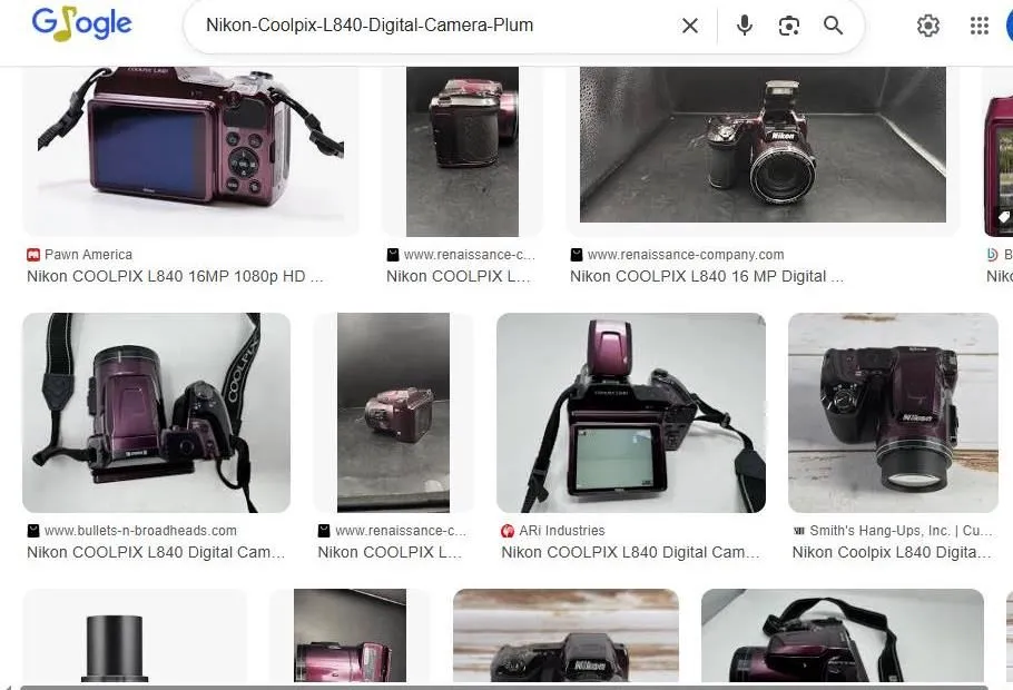 A Google Image search result for the Nikon COOLPIX L840 digital camera in plum
