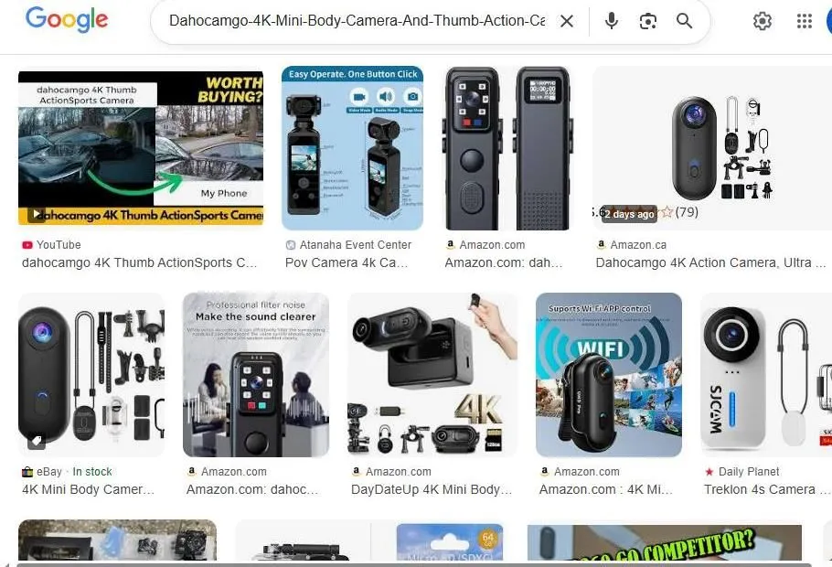 A Google Image search result page for Dahocamgo 4K mini body and action cameras.