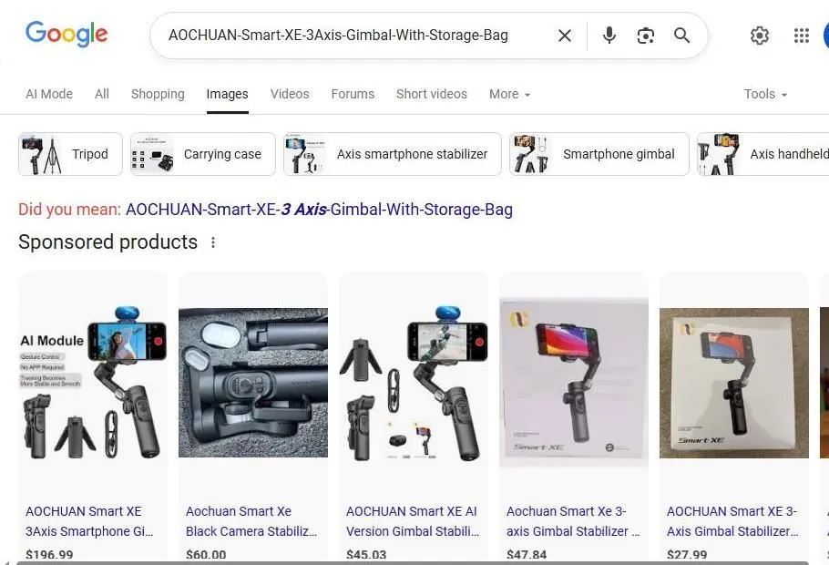 A Google Image search result page for the AOCHUAN Smart XE 3 Axis Gimbal