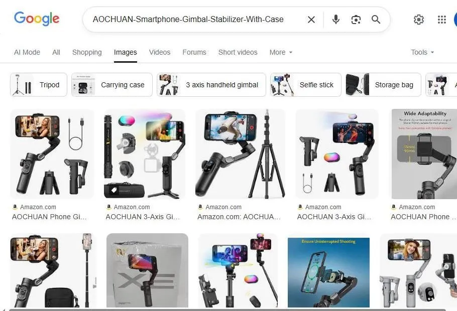 A Google Image search result page for the AOCHUAN smartphone gimbal stabilizer