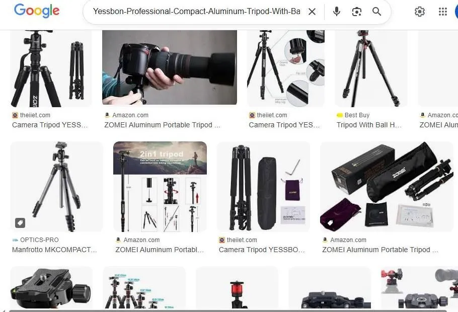 A Google Image search results page for a professional aluminum tripod.
