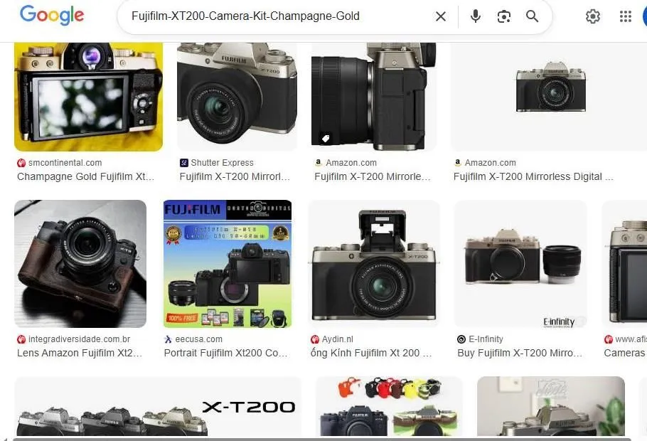 A Google Image search results page for the Fujifilm X-T200 camera in Champagne Gold