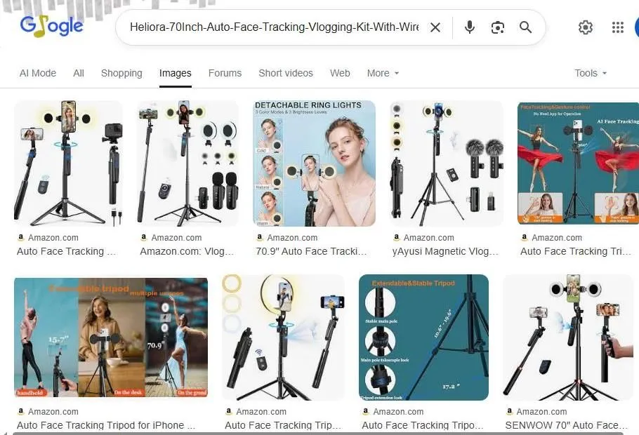 A Google Images search page displaying various auto face tracking vlogging kits