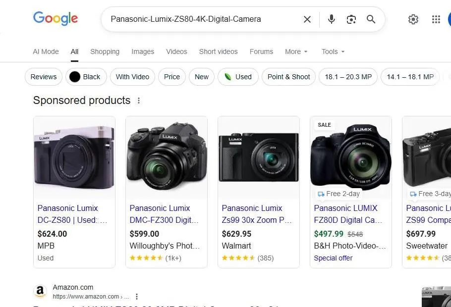 A Google Search for the Panasonic Lumix ZS80 Camera
