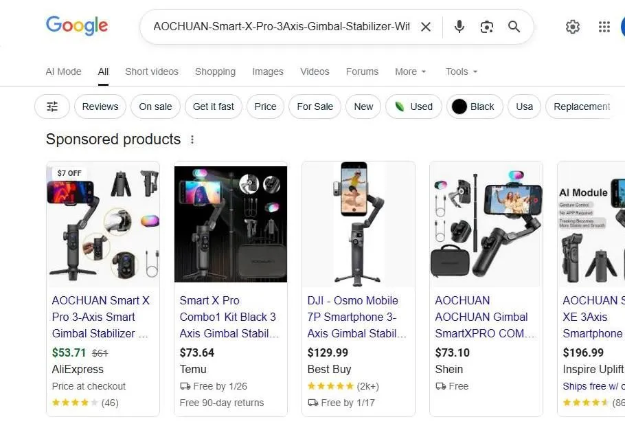 A Google search page for gimbal stabilizers