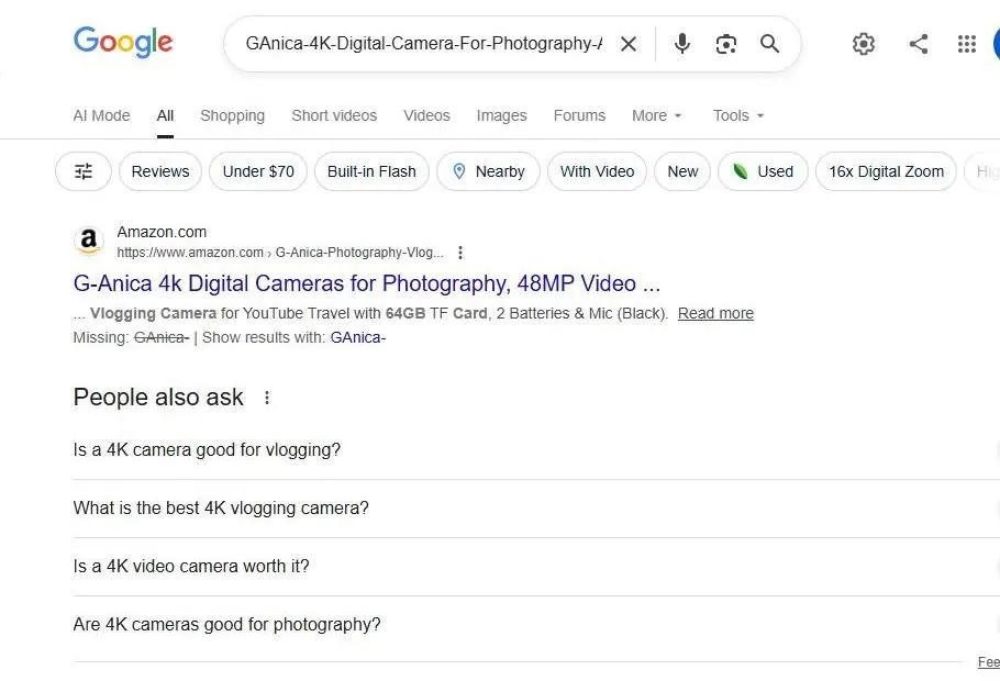 A Google search result for a digital camera