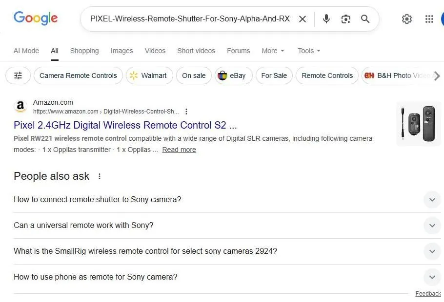 A Google search result for a Pixel wireless camera remote