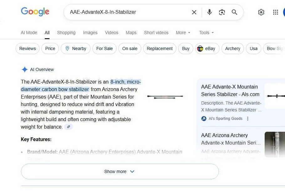 A Google Search result for an archery stabilizer