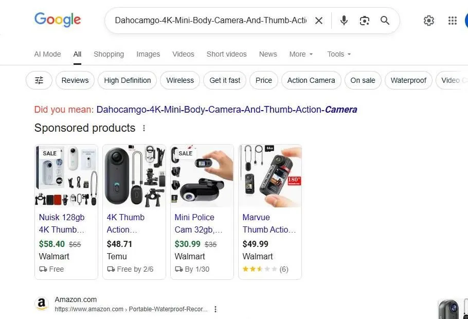 A Google search result page for a 4K mini body camera