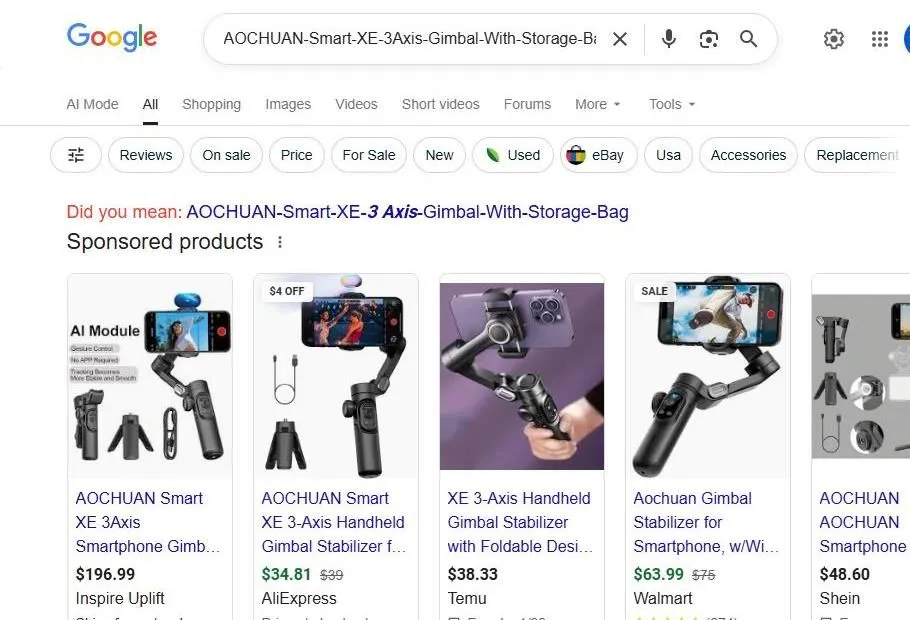 A Google search result page for a smartphone gimbal