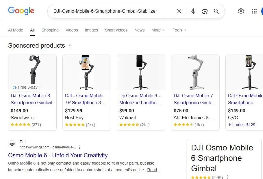 A Google search result page for DJI Osmo Mobile smartphone gimbals