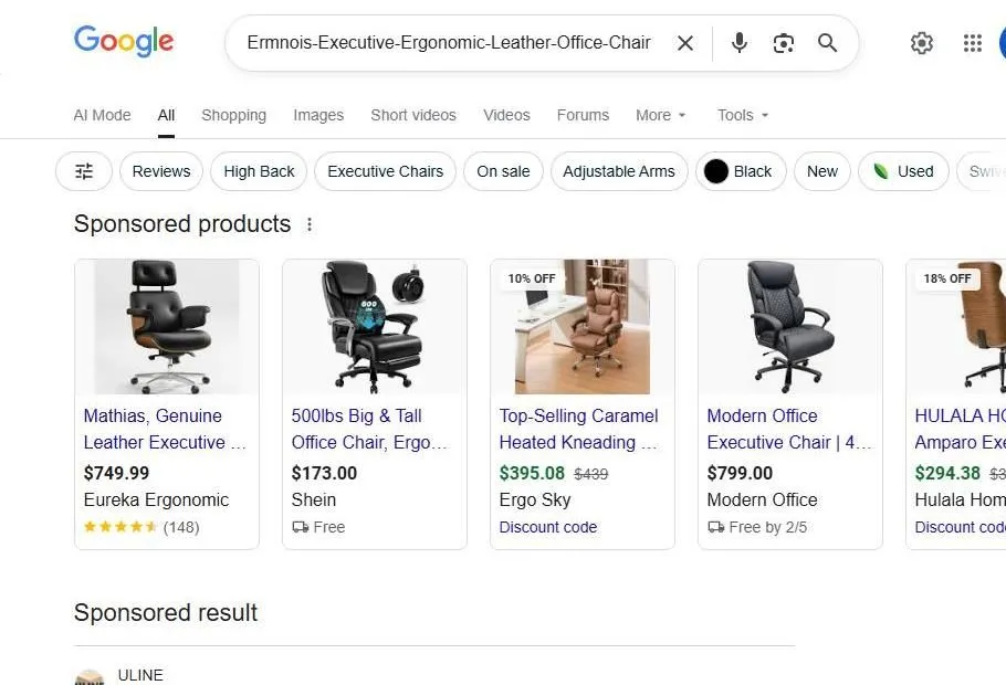 A Google Search result page for ergonomic office chairs