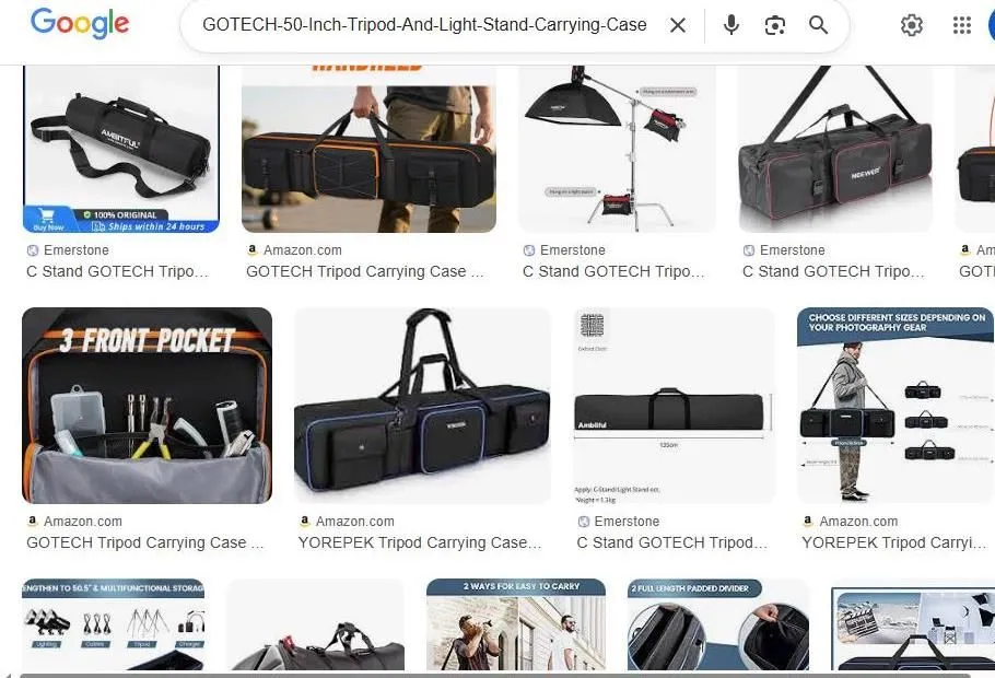 A Google search result page for tripod and light stand carrying cases