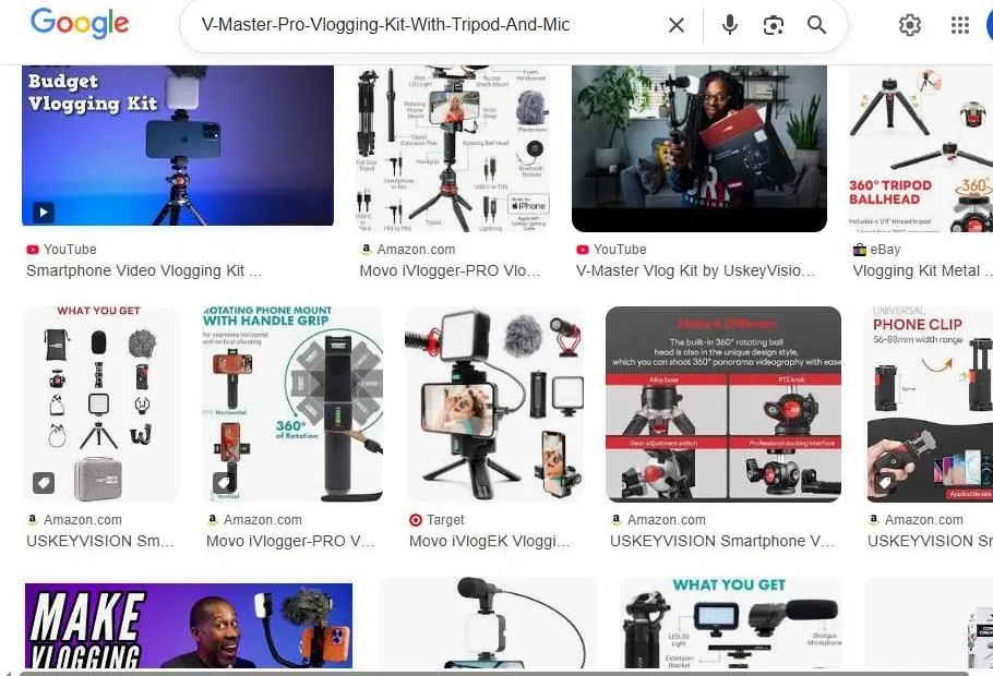 A Google Search Result Page for Vlogging Kits
