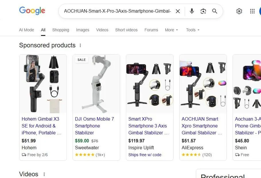A Google search results page for a smartphone gimbal
