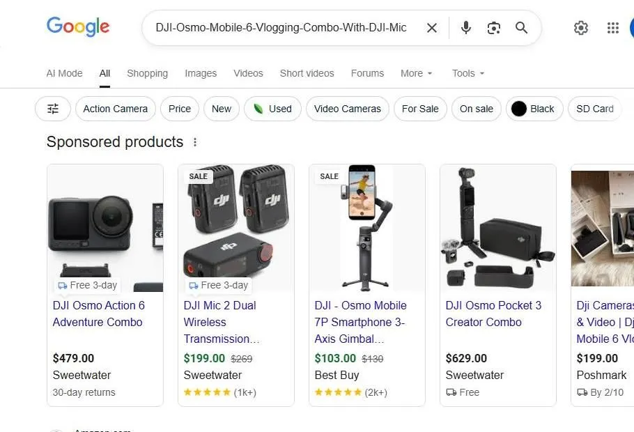 A Google search results page for DJI vlogging gear