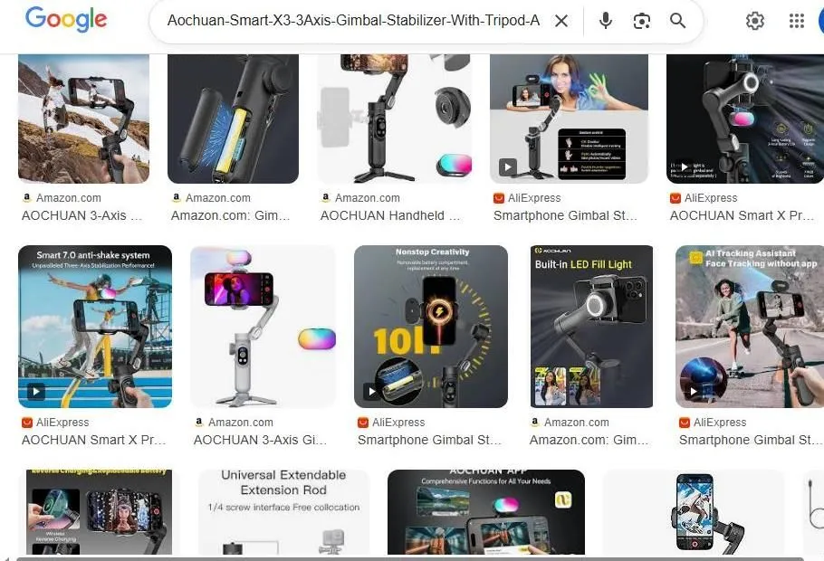 A Google Search Results Page for the Aochuan Smart X3 Gimbal