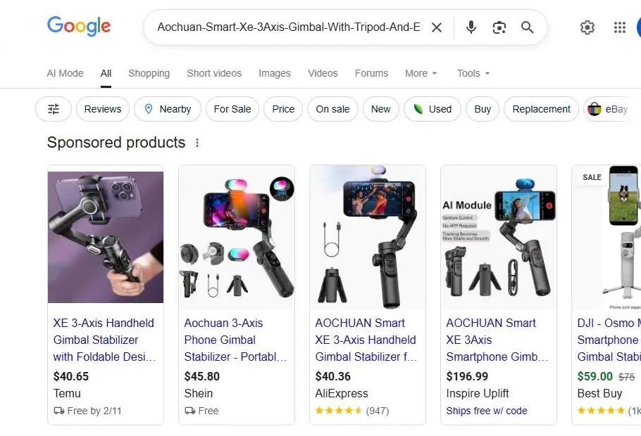 A Google search results page for the Aochuan Smart XE 3 Axis Gimbal