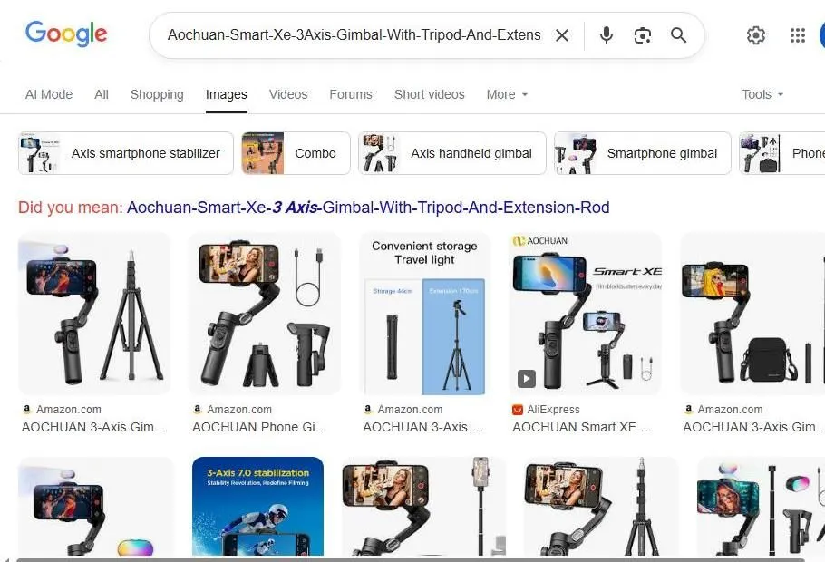 A Google Search Results Page for the Aochuan Smart XE Gimbal