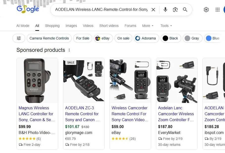 A Google search results page showing wireless LANC remote controllers for cameras