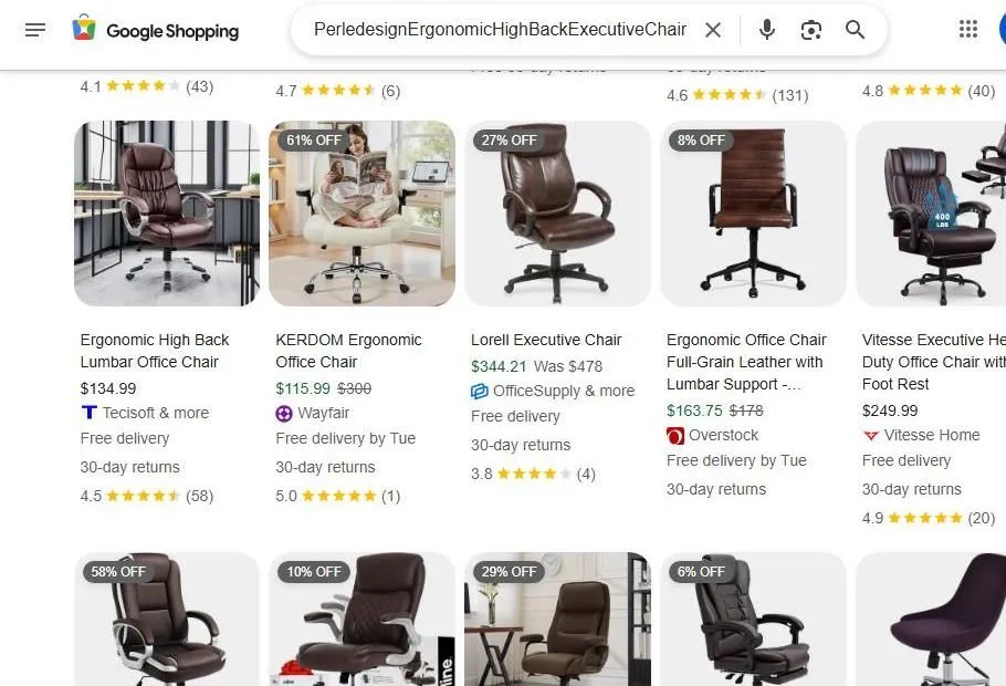 A Google Shopping results page for executive office chairs