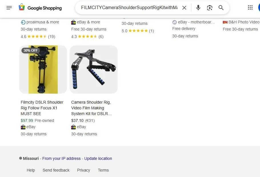 A Google Shopping search for DSLR shoulder rigs