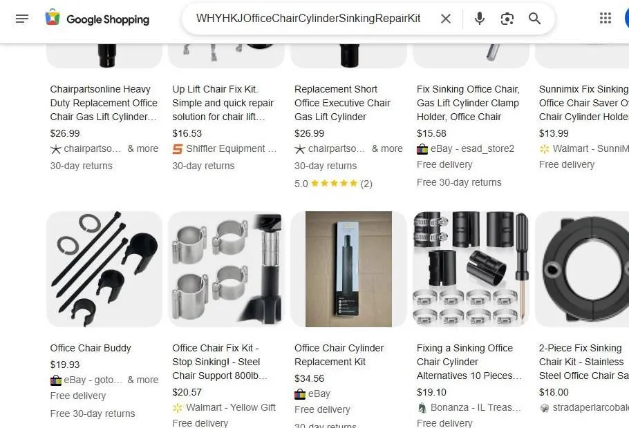 A Google Shopping search for office chair cylinder repair kits