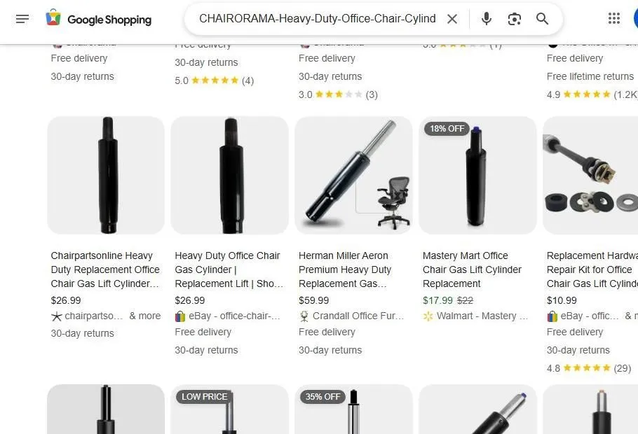 A Google Shopping search for office chair gas lift cylinders