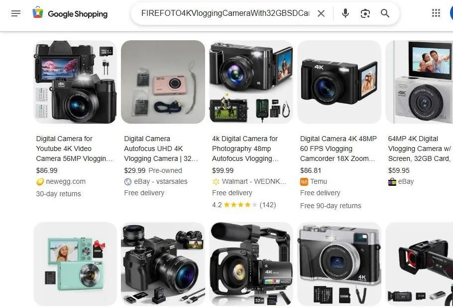 A Google Shopping search page for 4K vlogging cameras.