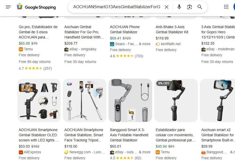 A Google Shopping search page for AOCHUAN gimbal stabilizers.