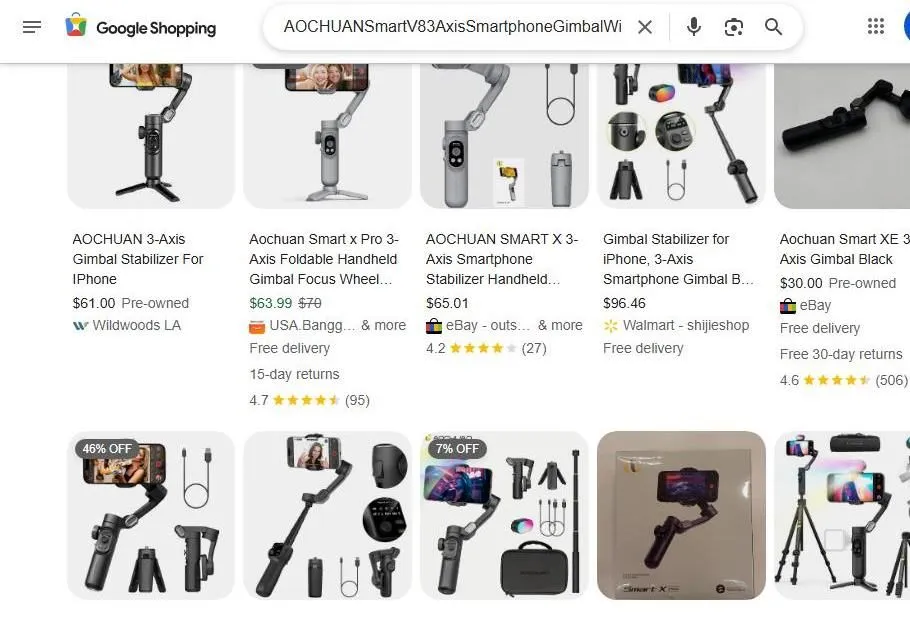A Google Shopping search page for AOCHUAN smartphone gimbals