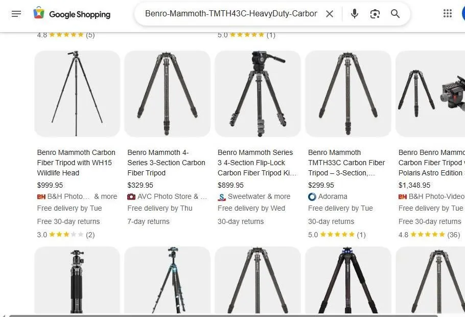 A Google Shopping search page for Benro Mammoth tripods