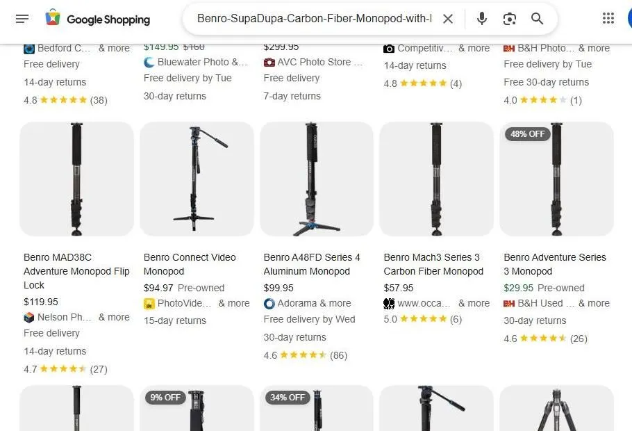 A Google Shopping search page for Benro monopods