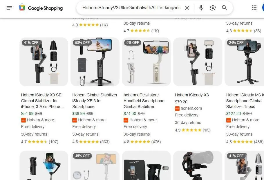 A Google Shopping search page for Hohem smartphone gimbals