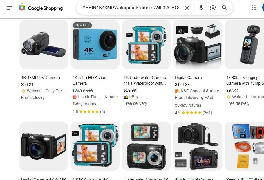A Google Shopping search results page for 4K digital cameras