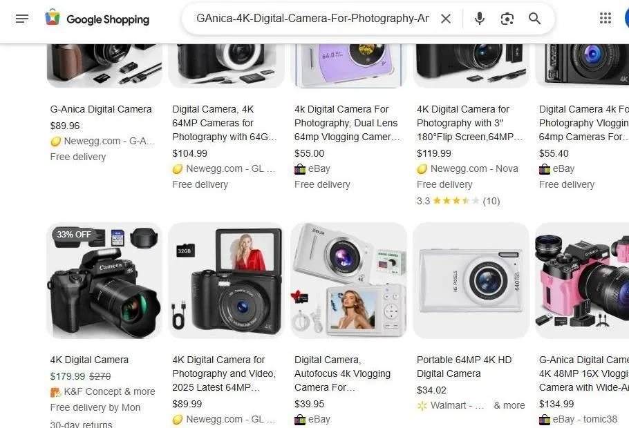 A Google Shopping search results page for 4K digital cameras