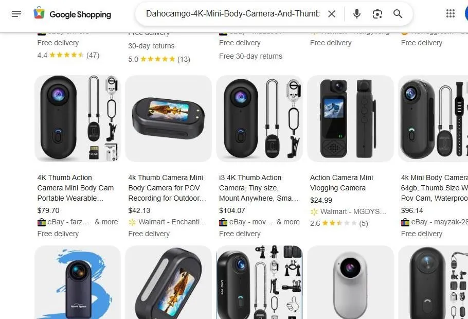 A Google Shopping search results page for 4K mini body and thumb cameras.