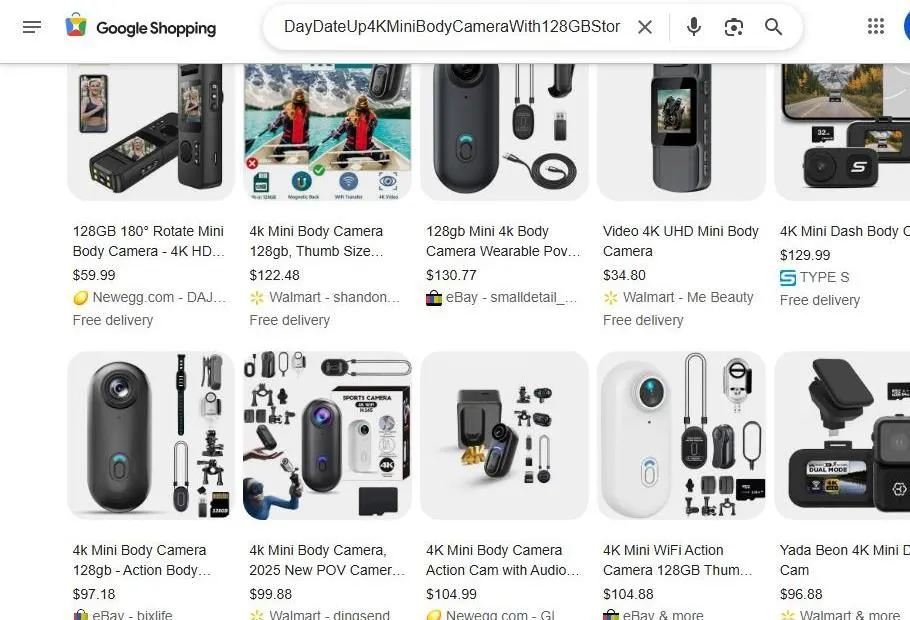 A Google Shopping search results page for 4K mini body cameras