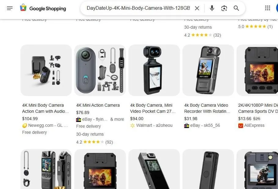 A Google Shopping search results page for 4K mini body cameras