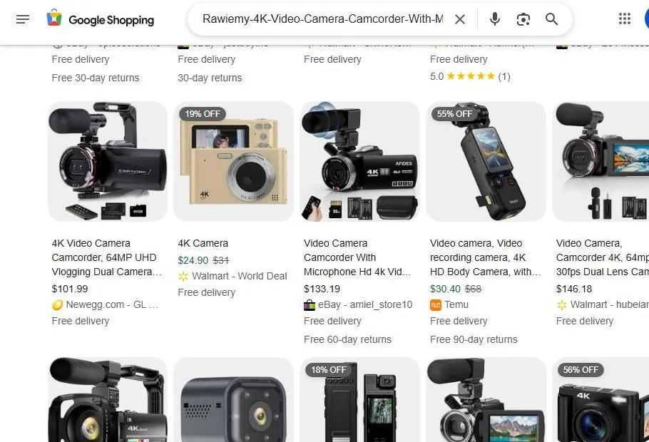 A Google Shopping search results page for 4K video cameras and camcorders