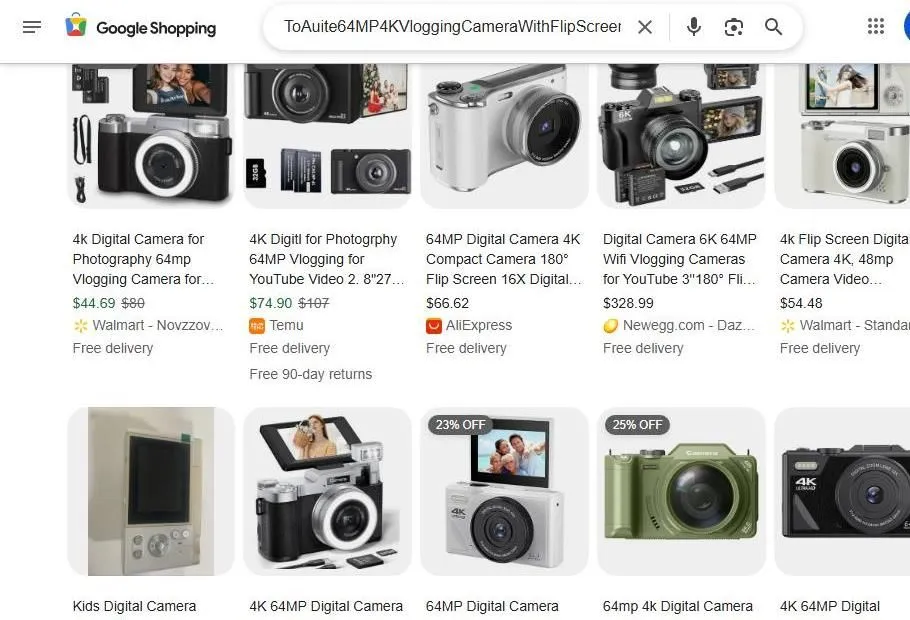 A Google Shopping search results page for 4K vlogging cameras.