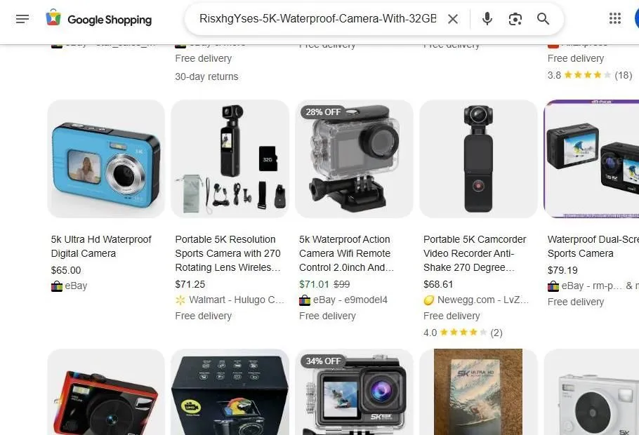A Google Shopping search results page for 5K waterproof cameras